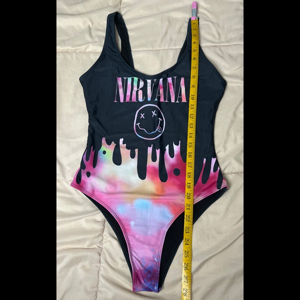 NIRVANA Black Swimsuit with Pink and Multicolor Drip